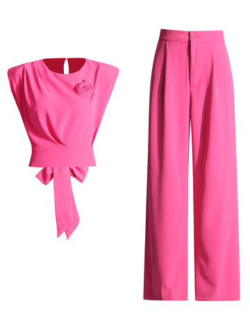Sonicelife Back Bow Tie Top and Wide Leg Trousers Set