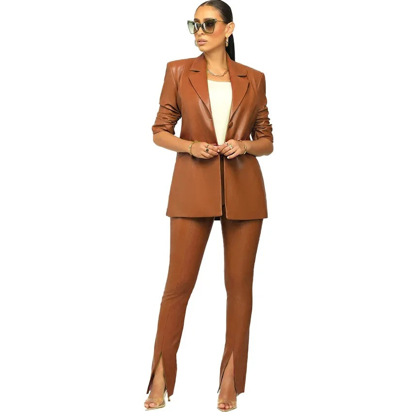 thanksgiving outfit Sonicelife Women's Slimming Lapel PU Leather Suit Jacket Skirt Set Professional Style Independent Station WISH Explosion Model Autumn Winte