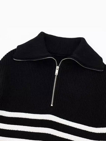 Black Friday Sonicelife Casual Knitted Zipper Striped Sweaters Women Loose Solid Lapel Long Sleeve Sweater Jacket Female Autumn Versatile Daily Outwear