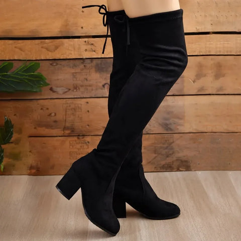 Sonicelife Women Boots Winter Black Over The Knee Boots 2025  New Comfort High Heels Shoes Fashion Warm Lace Up Long tube square heel Boots