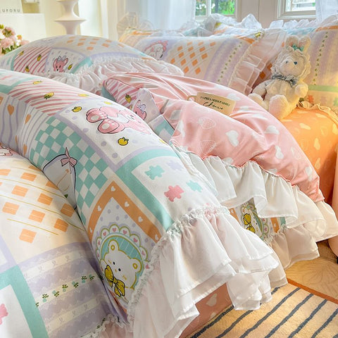 Sonicelife Princess Style Bedding Set Cute Korean Ruffles Single Double Queen Size Duvet Cover Sheet Pillowcase Girls Bedspread