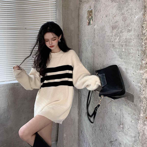 Sonicelife Striped Vintage Sweaters Women Lazy Wind Loose Long Sleeve Knitted Pullovers Korean Oversize Casual Streetwear Jumpers Fall