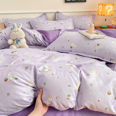 Sonicelife Cute Rabbit Bedding Set Ins Style Floral Duvet Cover No Filler Pillowcases Flat Sheet Single Full Size Girls Bed Linens