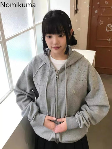 Sonicelife Streetwear Hoodies Coat 2025 Women Clothing Hooded Zipper Bow Print Sweet Jackets Y2k Tops Casual Fashion Sweatshirts Ropa Mujer