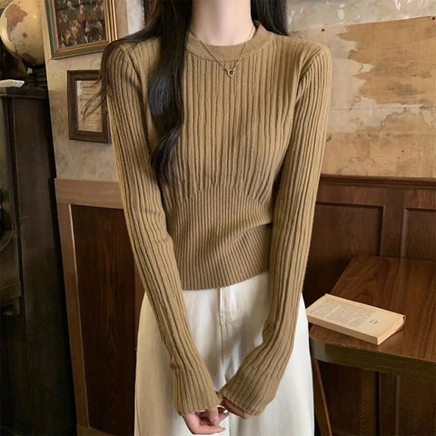 Black Friday Sonicelife Elegant Knitted Pullover Women Korean Slim Stretch Vertical Pit Stripes Solid Sweater Spring Fall Long Sleeved O-Neck Female Top