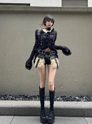 Sonicelife Vintage V Neck Black Shirts Women Y2K Slim Waist Ruffles Blouses Grunge Long Sleeve Chic Pleated Tops Mujer Spring Autumn New