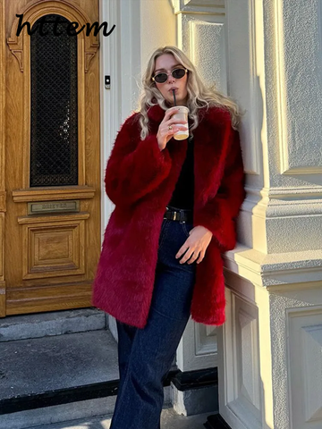 Sonicelife Street Women's Red Faux Fur Coats Loose Lapel Long Sleeves Female Fluffy Jacket 2024 Winter Lady Luxury Thicken Furry Overcoats