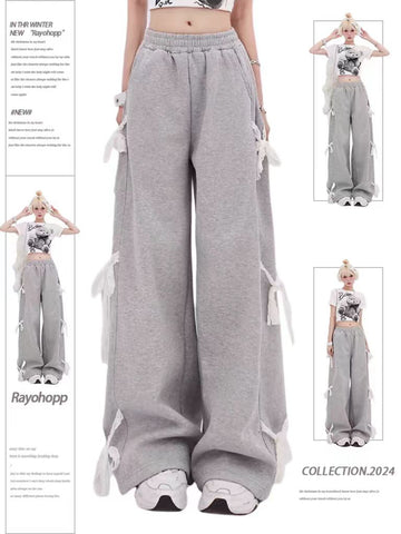 Sonicelife Women's Grey Lace Lace-up Pants Vintage Y2k Harajuku 90s Aesthetic Sweatpants Retro High Waist Wide Trousers 2000s Clothes 2025