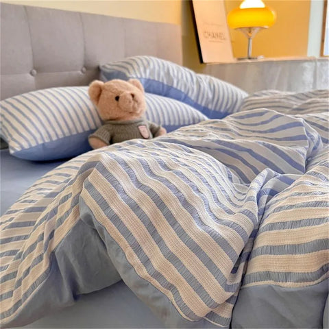 Sonicelife Ins Nordic Duvet Cover Set Quilt Set Minimalist Style Grey Strip Bed Set Of Four Pieces, Home Luxury Bedding Set Bed Sheets