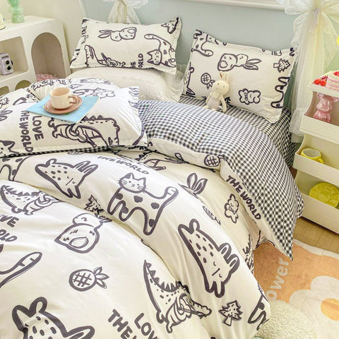 Sonicelife Floral Bedding Set Kawaii Rabbit Duvet Cover Flat Sheet Pillowcase Soft Bed Linens Single Full Dormitory Bedroom Home Textile