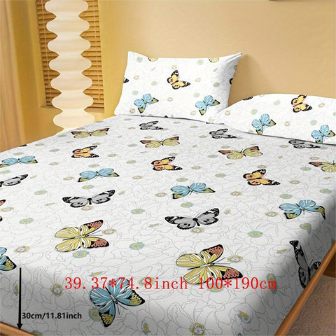 Sonicelife 3pcs Butterfly Print Fitted Sheet Set, Dustproof Non-slip Mattress Protector, Soft Comfortable Breathable Bedding Sheet Set