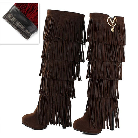 thanksgiving outfit Sonicelife size 32-43 Flock Fur Women boots High heels Knee boots Fringe Tassels Fashion Black Red ZL4150