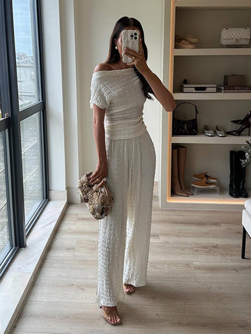 Sonicelife Elegant Asymmetric Fold Top Pant Sets Women Slim Sleeveless Slash Neck Tops Wide Leg Pants 2024 Summer Lady Casual 2 Pieces Set
