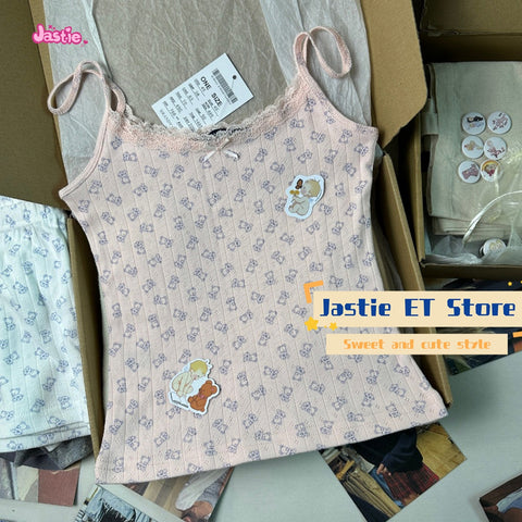 Sonicelife Cute Teddy Bear Print Lace Lace Suspender Casual Sweet Women's Tank Top Loose Elastic Waist Shorts Sets For Women 2 Pieces 2025