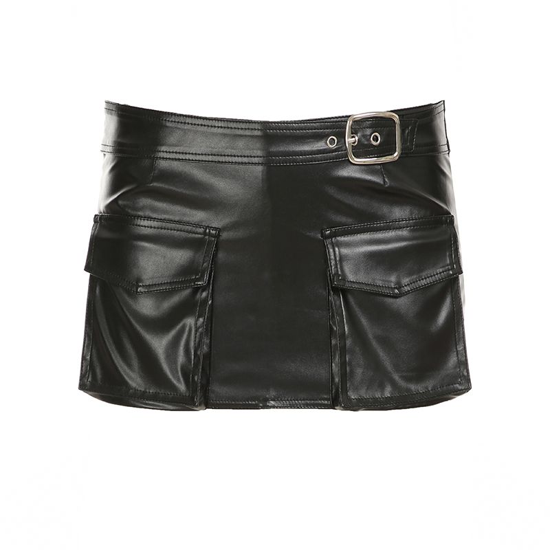 Sonicelife Cool and handsome metal buckle short PU leather skirts for women sexy and tight fit low waist harajuku hip hugging y2k skirt