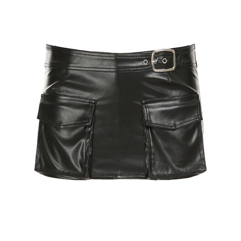 Sonicelife Cool and handsome metal buckle short PU leather skirts for women sexy and tight fit low waist harajuku hip hugging y2k skirt