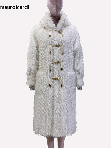 christmas outfit Sonicelife Spring Winter Long Soft Thick Warm Fluffy Faux Fur Coat Women with Hood Horn Button Preppy Style Fuzzy Overcoat 2025