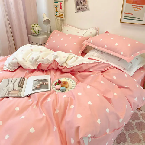 Sonicelife Red Spot Bed Set Heart Love Quilt Cover Polyester Bedding Sheet Fashion Women Adults Single Double Full Size Bedroom Decor