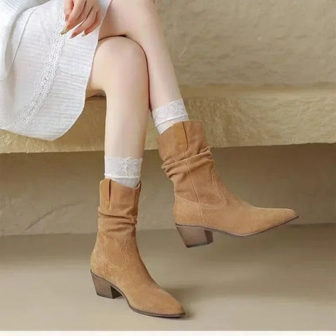 Sonicelife 2025 New Mid-Calf Women's Boots Fashion Slip-on Modern Boots  Hot Sale Round Toe Square Heel Shoes