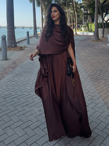 Sonicelife Women Stain Cape Collar Long Dress Elegant Lady Pleated Slim Fit Cloak Maxi Vestido Fashion Summer Cocktail Dress Woman 2025 New