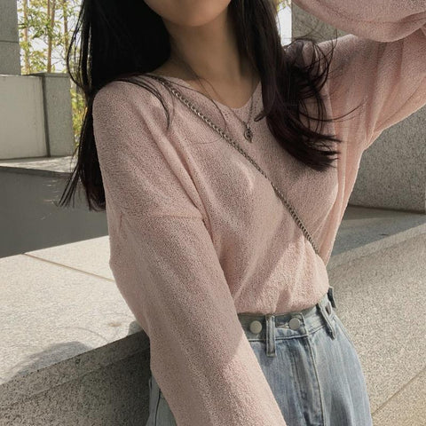 Sonicelife Solid Color V-Neck Oversized Knitted Tee
