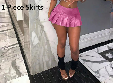 Sonicelife Pink PU Leather Pleated Skirts Sexy Cute Women High Waist Mini Pleat Short Skirt Party Leather A Line Skirts Cosplay Outfits XXL