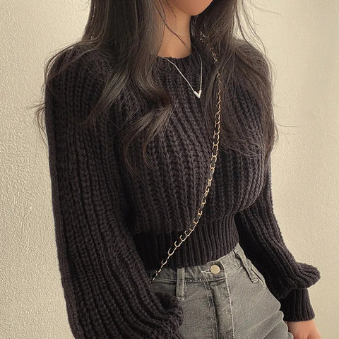 Black Friday Sonicelife Vintage Harajuku Sweater Women Loose Latern Sleeve Korean Fall Winter Knitted Cropped Tops Soft Warm Chic Solid Jumper Pullover