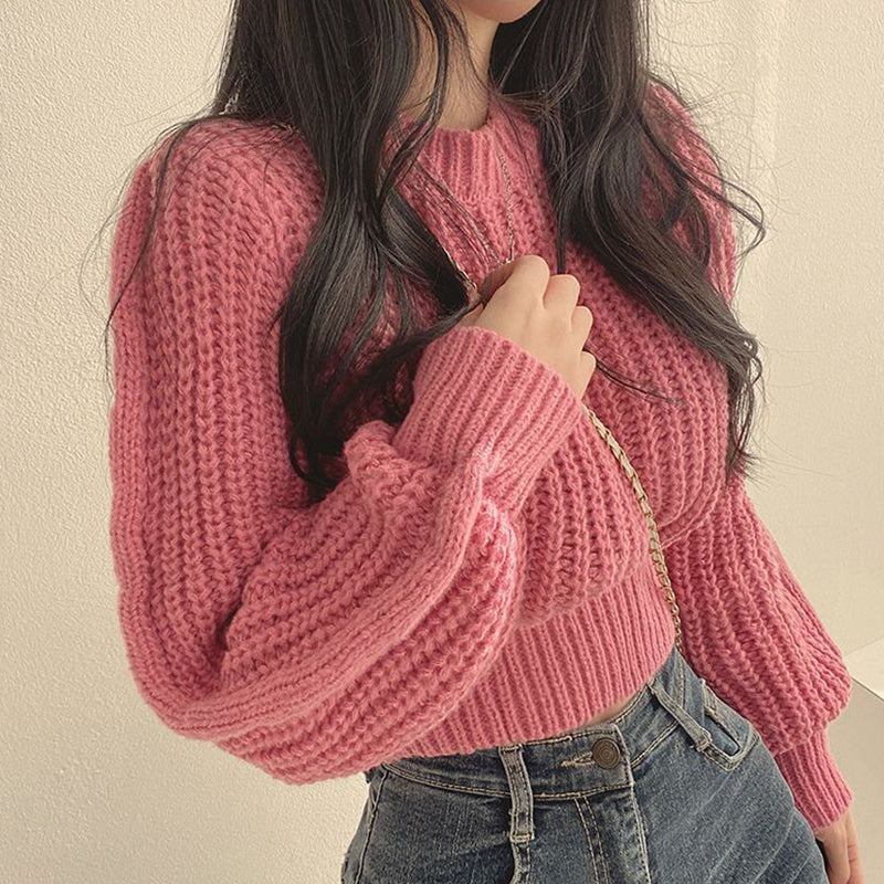 Black Friday Sonicelife Vintage Harajuku Sweater Women Loose Latern Sleeve Korean Fall Winter Knitted Cropped Tops Soft Warm Chic Solid Jumper Pullover