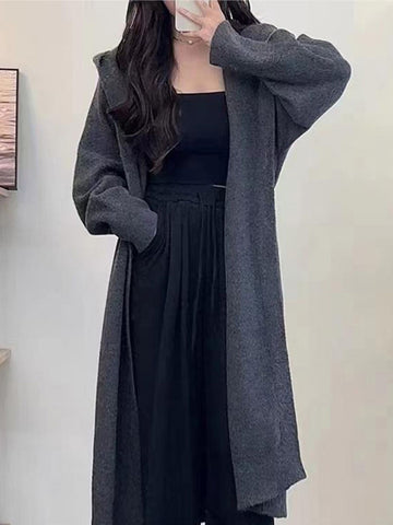 Black Friday Sonicelife Casual Knitted Long Hooded Cardigan Women Korean Loose Solid Single-Breasted Sweaters Female Autumn Chic Elegant Daily Outwear