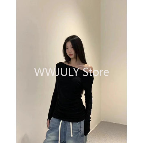 Sonicelife American Style Spicy Girl Irregular Tops Off Shoulder Thin Long Sleeved T-shirt Women New Basic Casual Korean Fashion Blouse