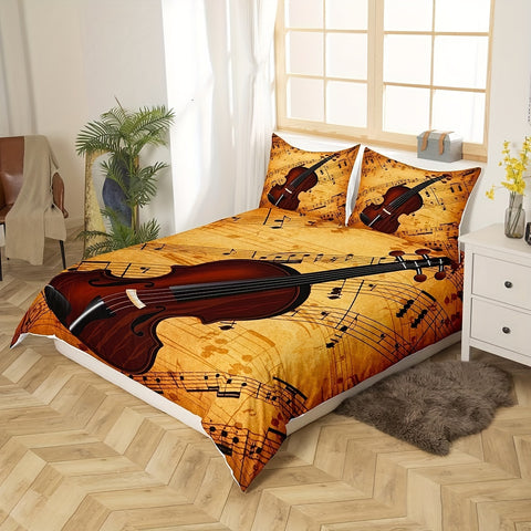Sonicelife Violin Theme Duvet Cover Set Queen Size Music Notes Bedding Set 3pcs For Women Men Xmas Bedroom Decor Violin Music Lover Comfort