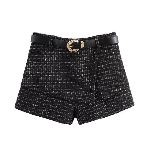 Sonicelife Fashion Tweed Vest Shorts Sets Women Slim Single Breasted Vests High Waist Short Pants With Belt 2024 Autumn Lady Elegant Outfit