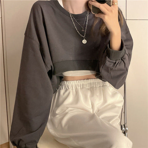 Sonicelife Streetwear Women Sexy Solid Cropped Sweatshirts Oversize Loose Harajuku BF Pullovers Spring Korean Chic Casual Y2k Tops