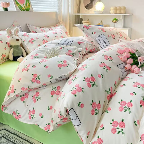 Sonicelife Korean Pink Rose Duvet Cover Set Soft Green Flat Sheet Quilt Cover Pillowcase Bed Linen Twin Queen Full Size Floral Bedding Set