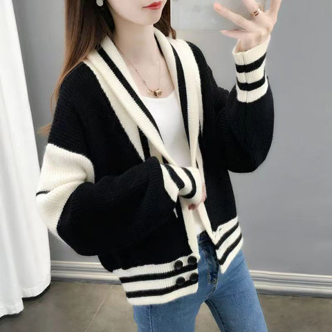 Black Friday Sonicelife Patchwork Sweater Women Knitted Loose Elegant Black White Fashion Cardigan Lazy Strip V-Neck Long Sleevekorean Female Jumpers