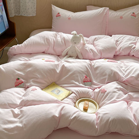 Sonicelife Ins Cartoon Cute Towel Embroidery Washed Cotton Four-Piece Set Quilt Cover Set Bed Sheet Three-Piece Set Bedding Set