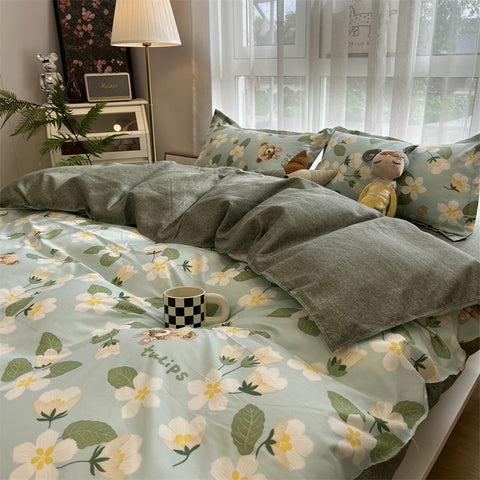 Sonicelife Strawberry And Flowers Bedding Sets Solid Color Girls Boys Double Size Flat Sheet Duvet Cover Pillowcase Bed Linen Home Textile