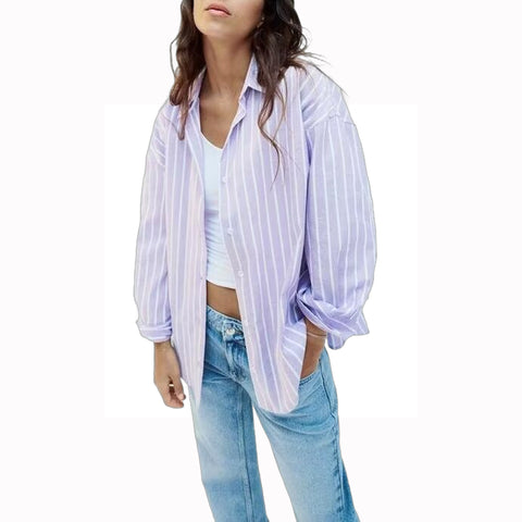 Sonicelife Women's Striped Shirt Oxford Fabric Simple Casual Versatile Single Breasted Long Sleeved Top New