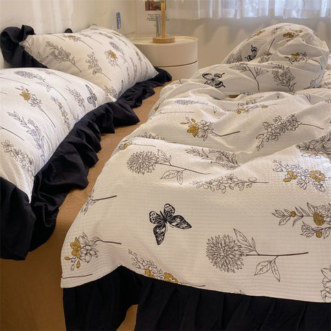Sonicelife Ins French Style Girls Heart Lace Bedding Set Bubble Wash Cotton Quilt Cover With Pillowcases Bed Sheet Set 4pcs