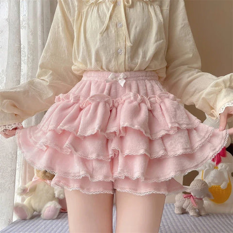 Sonicelife Harajuku Sweet Lolita Short Skirts Autumn Winter Plush Bloomers Y2k Japanese Kawaii Knickers Women Lace Bow Safety Short Pant
