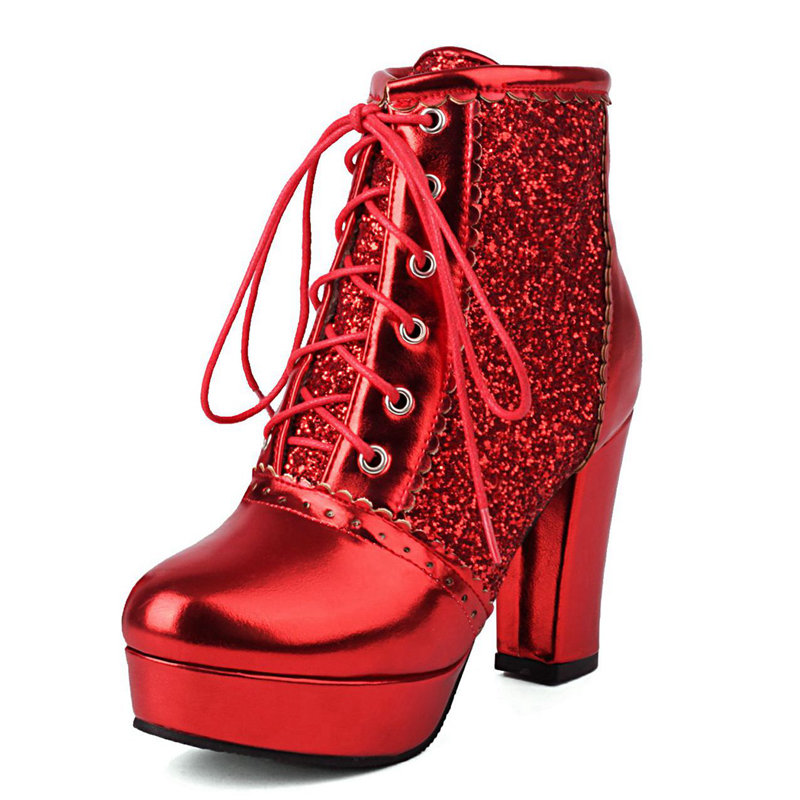 thanksgiving outfit Sonicelife Fashion Women Ankle Boots Round Toe Block High Heels 9cm Platform 2cm Glitter 46 47 48 Party Booties