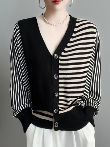 christmas outfit Sonicelife Long Sleeves Loose Buttoned Contrast Color Split-Joint Striped V-Neck Cardigan Tops Knitwear