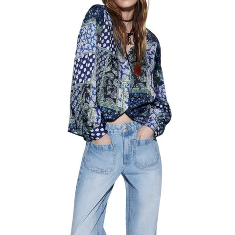Sonicelife Women's Long Sleeved Single Breasted Top, Shirt with Patchwork Printing Design, Silk Texture, Versatile, New