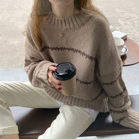 Sonicelife Vintage Striped Women Sweater Casual O Neck Korean Knitted Pullover Top Winter Thick Loose Female Jumper New