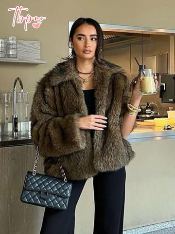 christmas outfit Sonicelife New Chic Turndown Collar Women's Short Faux Fur Coat Elegant Loose Warm Long Sleeve Fluffy Jacket Ladies Autumn Winter Outerwear