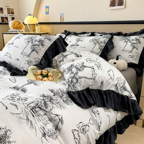 Sonicelife Ink Style A-class Skin Friendly Washed Cotton Four Piece Set With Lotus Leaf Lace Bedding, Bedsheet, Duvet Cover, Single Bed