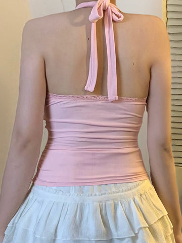 Sonicelife Sweet Cute Pink Vest Women Y2k E-girl Pastel Goth Lace Patchwork Bow V-neck Crop Tank Tops Aesthetic Fairy Outfits Femme