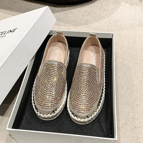 Sonicelife Shoes Woman Flats Slip-on Casual Female Sneakers Modis Crystal Loafers With Fur Round Toe Shallow Mouth Dress Slip On Retro Big