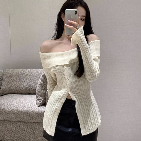 Sonicelife Chic Slash Neck Sweaters Women Sexy Off Shoulder Elegant Knitted Pullovers Korean Long Sleeve Sweet Female Fashion Jumpers