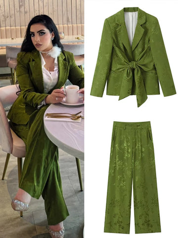 Sonicelife Vintage Jacquard Pants Set Women Loose Lapel Bow Lace Up Long Sleeve Jacket Wide Leg Pant 2024 Summer Lady Shiny Office Outfits